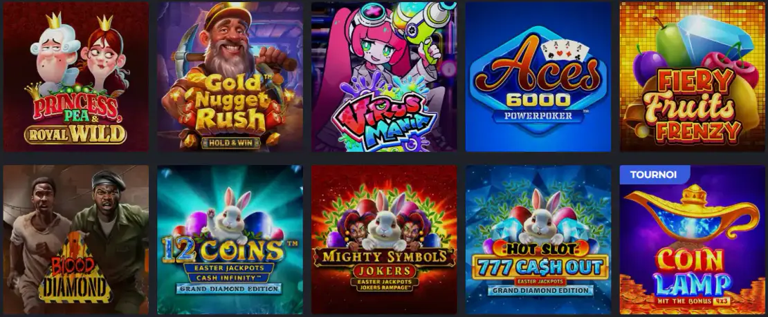 Catalogue de machines à sous d’Olympe Casino avec des jeux comme Princess Pea, Gold Nugget Rush, Aces 6000 et Fiery Fruits Frenzy