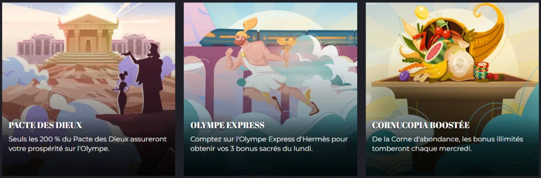 Offres promotionnelles d’Olympe Casino avec Pacte des Dieux, Olympe Express et Cornucopia Boostée